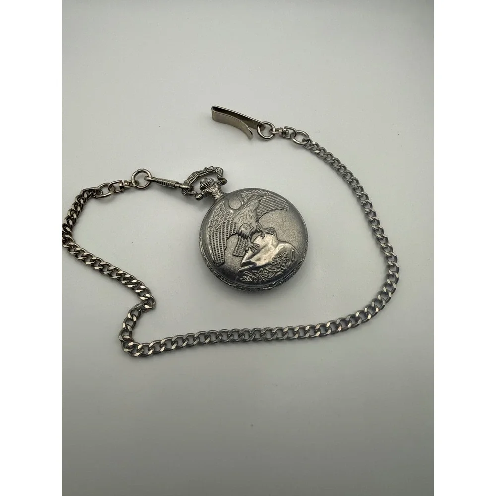 Vintage Silver Tone Eagle Embossed Pocket Watch Hunter Case Arabic Numeral Dial
